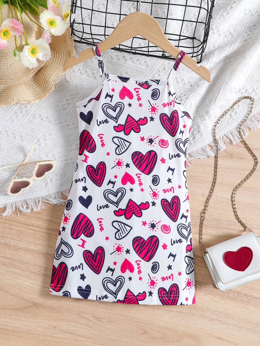 SHEIN 女小童白色簡約風愛心圖案休閒細肩帶洋裝適合夏天