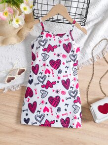 SHEIN 女小童白色簡約風愛心圖案休閒細肩帶洋裝適合夏天