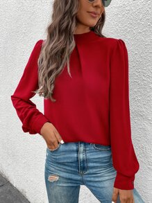 SHEIN Clasi Solid Mock Neck Puff Sleeve Blouse - Red - View 1