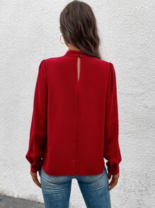 SHEIN Clasi Solid Mock Neck Puff Sleeve Blouse - Red - View 2