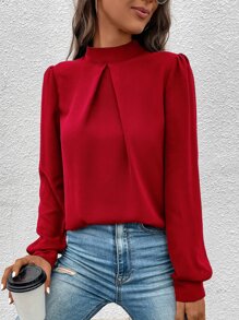 SHEIN Clasi Solid Mock Neck Puff Sleeve Blouse - Red - View 3