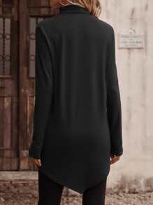 EMERY ROSE Solid Mock Neck Asymmetrical Hem Tee Fall Cloth For Women - Black - View 2