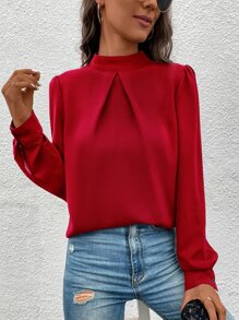 SHEIN Clasi Solid Mock Neck Puff Sleeve Blouse - Red - View 4