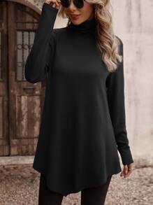 EMERY ROSE Solid Mock Neck Asymmetrical Hem Tee Fall Cloth For Women - Black - View 3