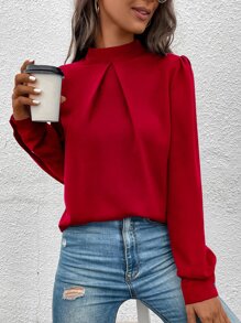 SHEIN Clasi Solid Mock Neck Puff Sleeve Blouse - Red - View 5