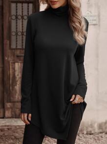 EMERY ROSE Solid Mock Neck Asymmetrical Hem Tee Fall Cloth For Women - Black - View 5