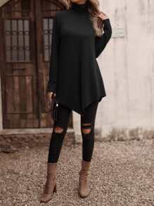 EMERY ROSE Solid Mock Neck Asymmetrical Hem Tee Fall Cloth For Women - Black - View 6