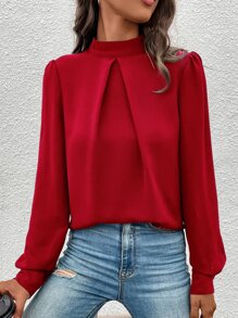 SHEIN Clasi Solid Mock Neck Puff Sleeve Blouse - Red - View 6