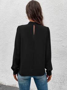 EMERY ROSE Women's Solid Color Stand Collar Puff Sleeve Pleated Casual Shirt - Black - View 2