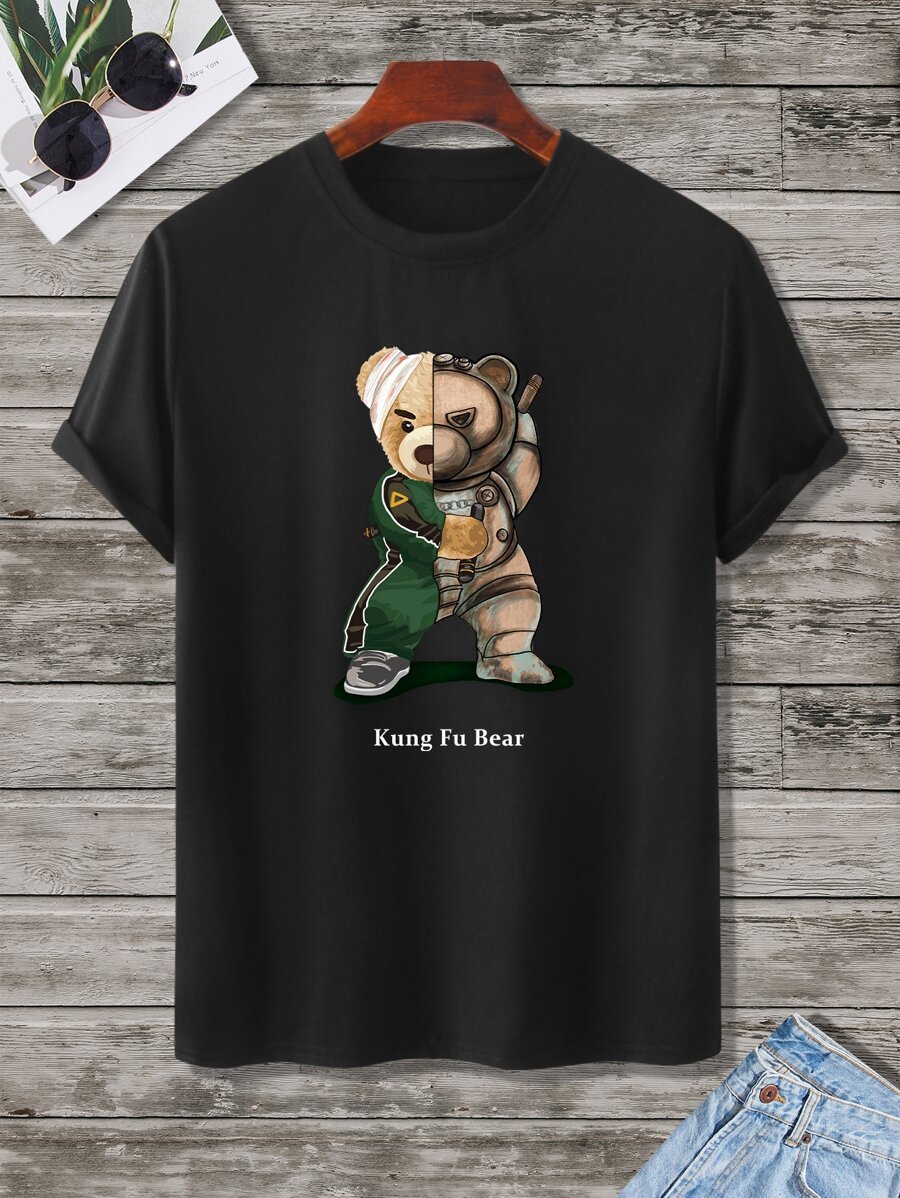 Manfinity Hypemode Men T-Shirts Fit Crew Neck Short Sleeve Graphic Tee Bear Funny Casual Summer Polyester - Black - View 1