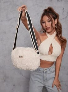 Metal Decor Fluffy Square Bag - Khaki - View 3