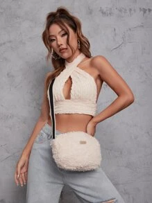 Metal Decor Fluffy Square Bag - Khaki - View 4