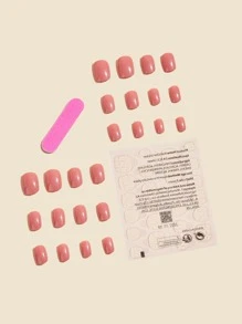 Nail Nina 24 Miếng Móng Tay Giả Màu Hình Vuông Ngắn Và 1 Miếng Dũa Móng Tay và 1 Miếng Băng Dán Móng - Hồng - Xem 2
