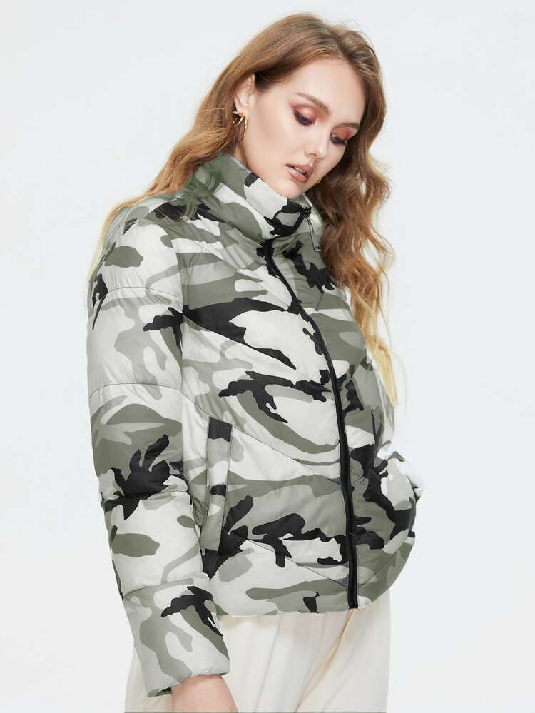 Plus Camo Print Slant Pocket Zipper Up Padded Coat - Multicolor - View 3