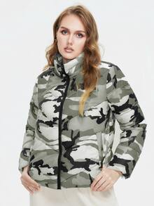Plus Camo Print Slant Pocket Zipper Up Padded Coat - Multicolor - View 4