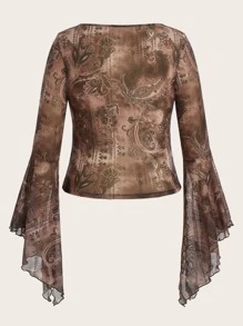 ROMWE PUNK áo nữ kích thước lớn Bất đối xứng Xù nhỏ Thắt nơ trước Nếp gấp Phần Ngực Paisley Giải trí - Nhiều màu - Xem 2