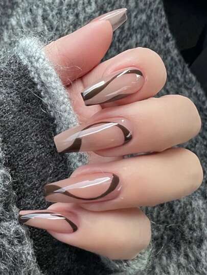 YTJ Instantly Upgrade Your Look With 24pcs Extra Long Coffin Brown Line Fake Nail & 1pc Nail File & 1sheet Tape Press On Nails Nail Supplies