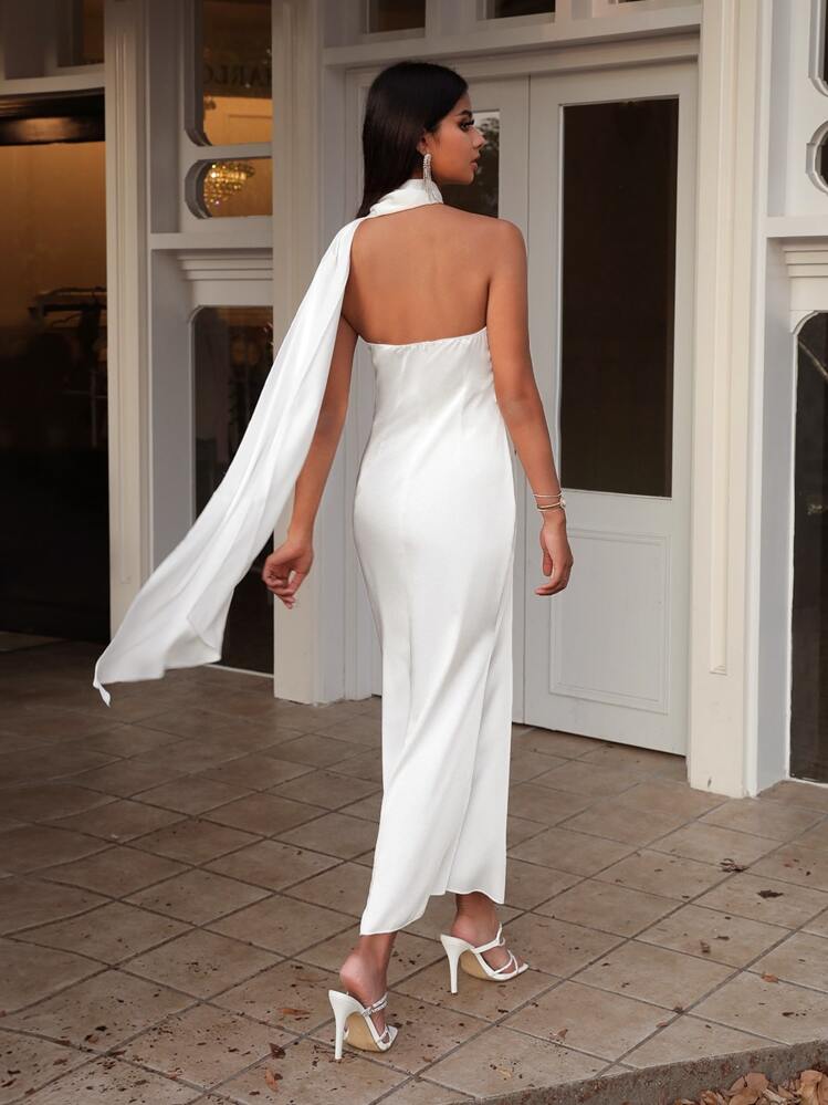 princess polly baby blue dress SHEIN Belle Asymmetric Detail Halter Neck Backless Satin Dress
