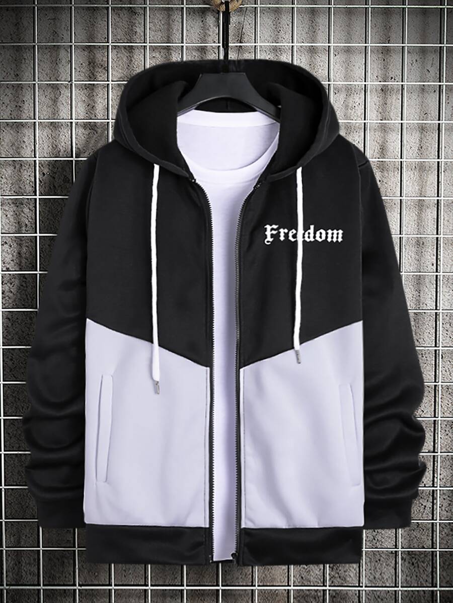 Manfinity 男士字母圖案雙色抽繩連帽衫不帶T恤 - 黑與白 - 查看 1