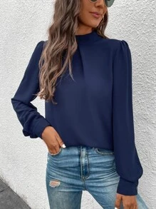 SHEIN Clasi Mock Neck Puff Sleeve Blouse - Navy Blue - View 1