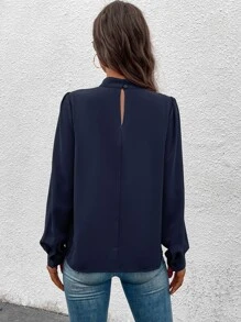SHEIN Clasi Mock Neck Puff Sleeve Blouse - Navy Blue - View 2