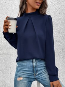 SHEIN Clasi Mock Neck Puff Sleeve Blouse - Navy Blue - View 3