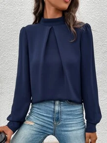 SHEIN Clasi Mock Neck Puff Sleeve Blouse - Navy Blue - View 5