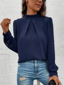 SHEIN Clasi Mock Neck Puff Sleeve Blouse - Navy Blue - View 6