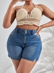 SHEIN SXY Plus Split Hem Denim Shorts - Medium Wash - View 1