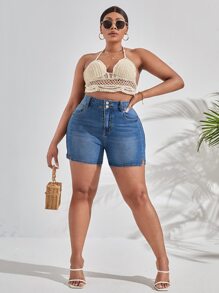 SHEIN SXY Plus Split Hem Denim Shorts - Medium Wash - View 6