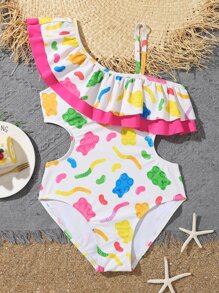 Girls Allover Cartoon Graphic Ruffle Trim Cut Out One Piece Swimsuit - White - View 1