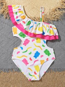 Girls Allover Cartoon Graphic Ruffle Trim Cut Out One Piece Swimsuit - White - View 3