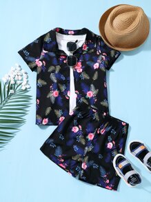 Toddler Boys Tropical Print Button Front Shirt & Shorts Without Tee - Black - View 1