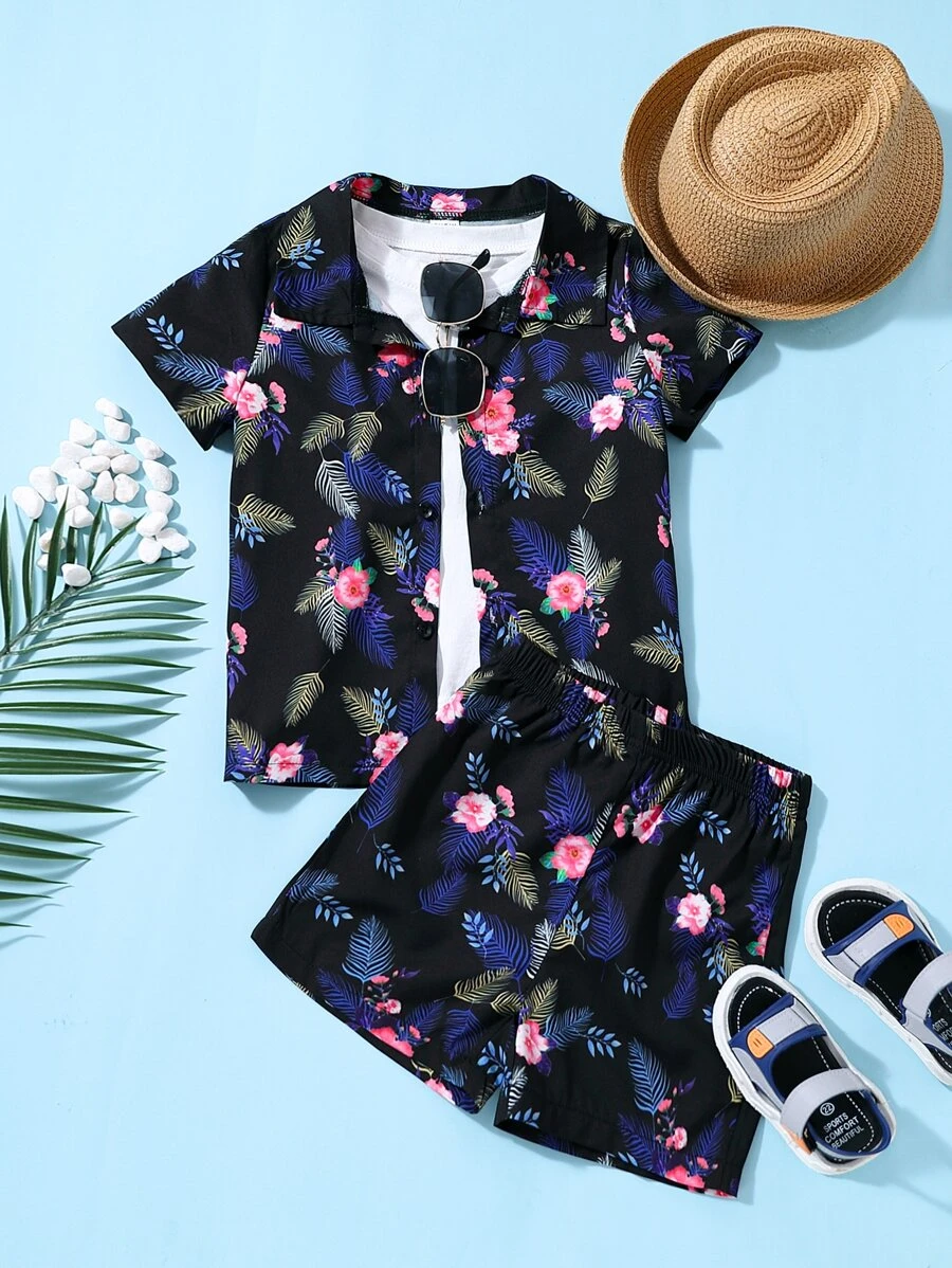 Toddler Boys Tropical Print Button Front Shirt & Shorts Without Tee - Black - View 1