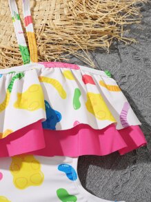 Girls Allover Cartoon Graphic Ruffle Trim Cut Out One Piece Swimsuit - White - View 4