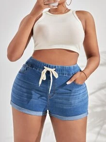 SHEIN SXY 大碼腰部抽繩卷邊牛仔短褲 - 中等水洗藍 - 查看 4