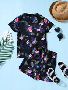Toddler Boys Tropical Print Button Front Shirt & Shorts Without Tee - Black - View 2