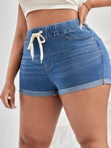 SHEIN SXY 大碼腰部抽繩卷邊牛仔短褲 - 中等水洗藍 - 查看 3