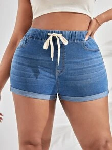 SHEIN SXY 大碼腰部抽繩卷邊牛仔短褲 - 中等水洗藍 - 查看 1