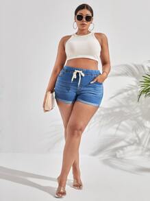 SHEIN SXY 大碼腰部抽繩卷邊牛仔短褲 - 中等水洗藍 - 查看 5