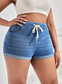 SHEIN SXY 大碼腰部抽繩卷邊牛仔短褲 - 中等水洗藍 - 查看 6