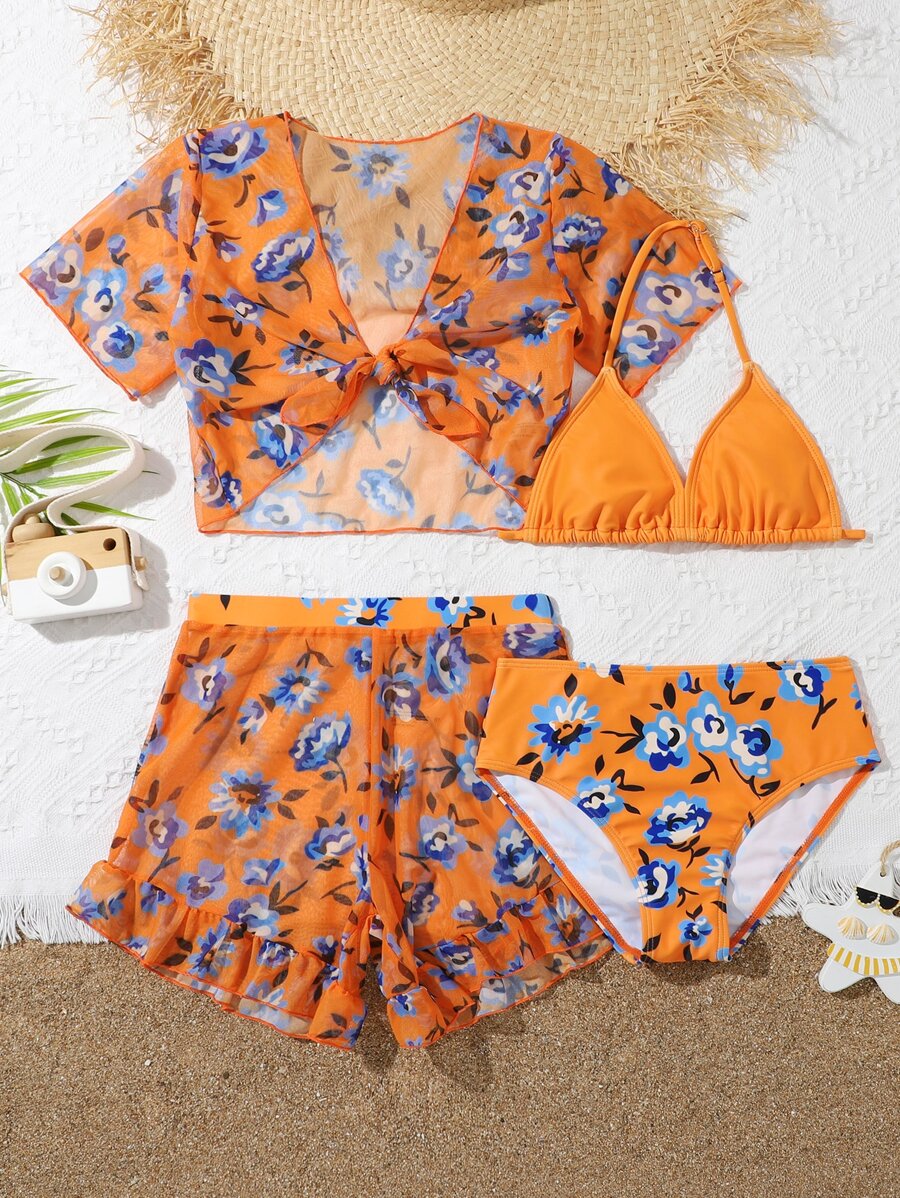 Tween Girl Floral Print Halter Bikini Set With Cover Up Set Summer Beach - Orange - View 1