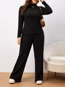 SHEIN Essnce Pantalones con camiseta de cuello alto - Negro - Ver 1