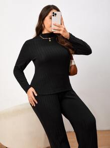 SHEIN Essnce Pantalones con camiseta de cuello alto - Negro - Ver 2
