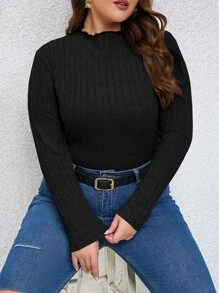 SHEIN Clasi 大碼木耳邊小高領連體衣 - 黑色 - 查看 1