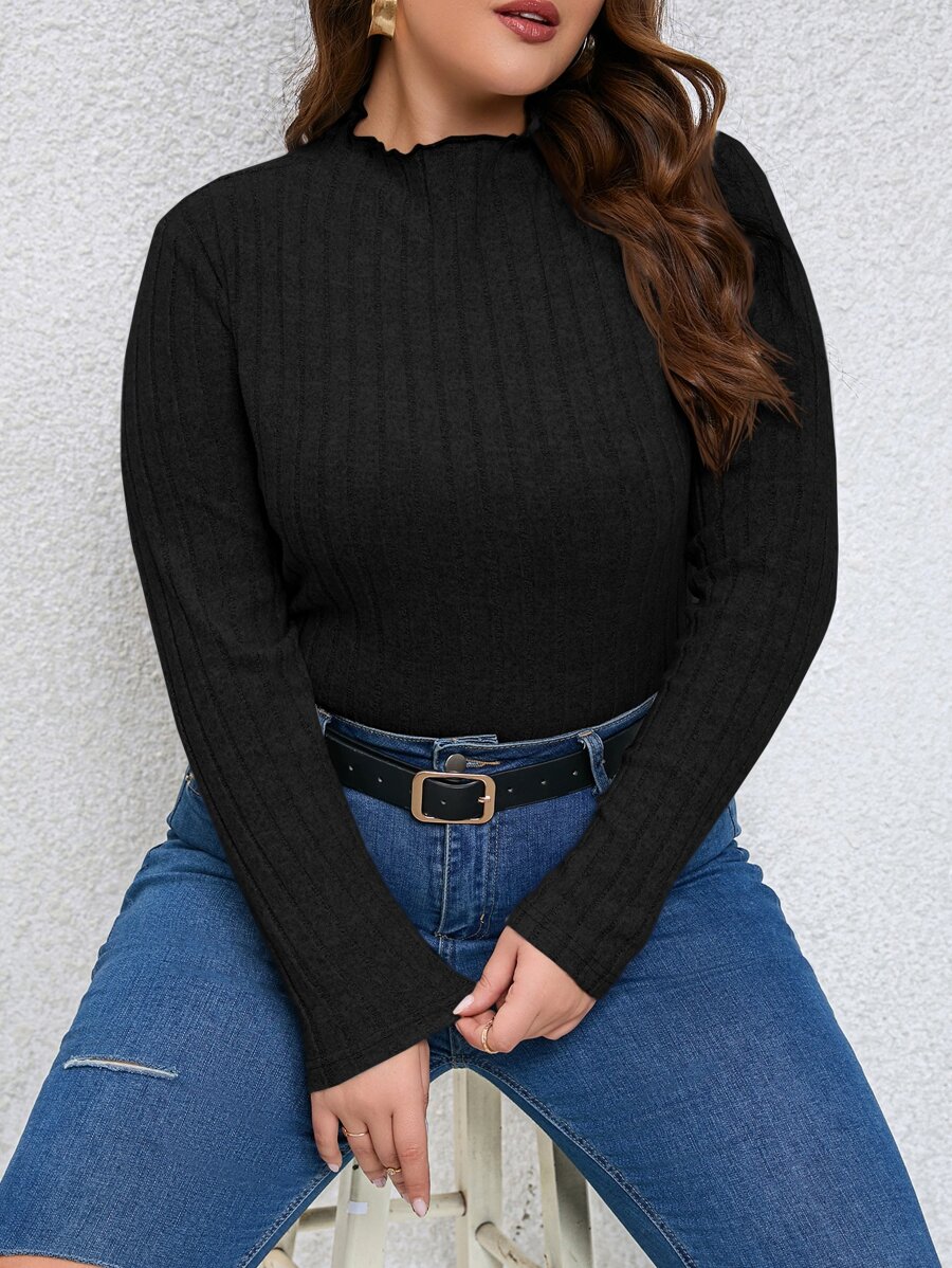 SHEIN Clasi 大碼木耳邊小高領連體衣 - 黑色 - 查看 1