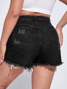 SHEIN EZwear Plus Ripped Raw Hem Denim Shorts - Black - View 2