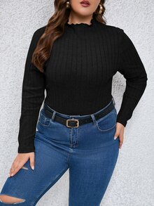 SHEIN Clasi 大碼木耳邊小高領連體衣 - 黑色 - 查看 2