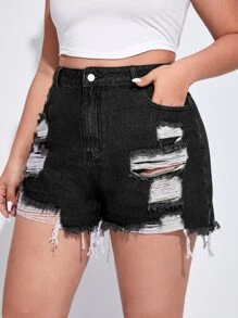 SHEIN EZwear Plus Ripped Raw Hem Denim Shorts - Black - View 4