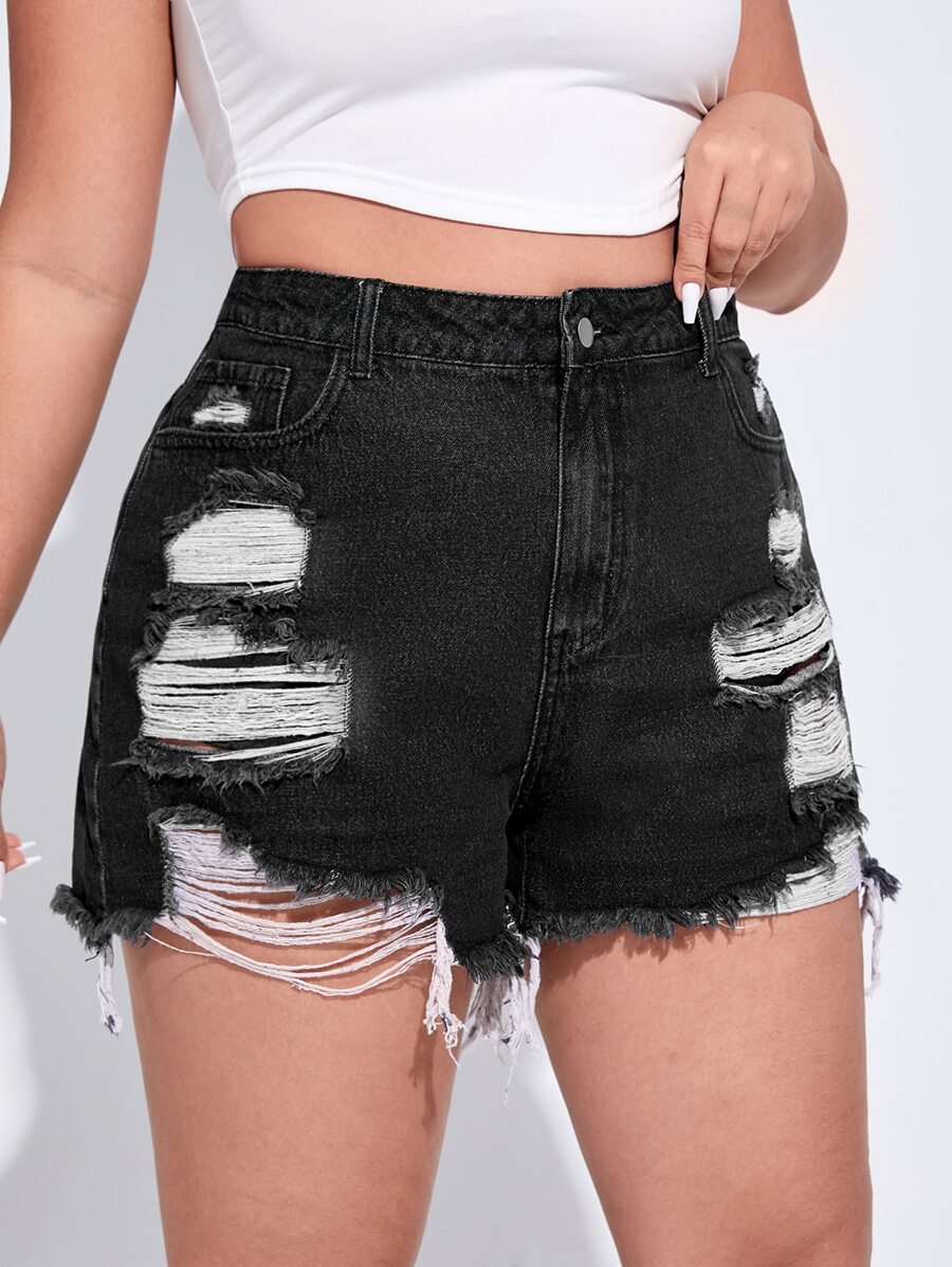 SHEIN EZwear Plus Ripped Raw Hem Denim Shorts - Black - View 1